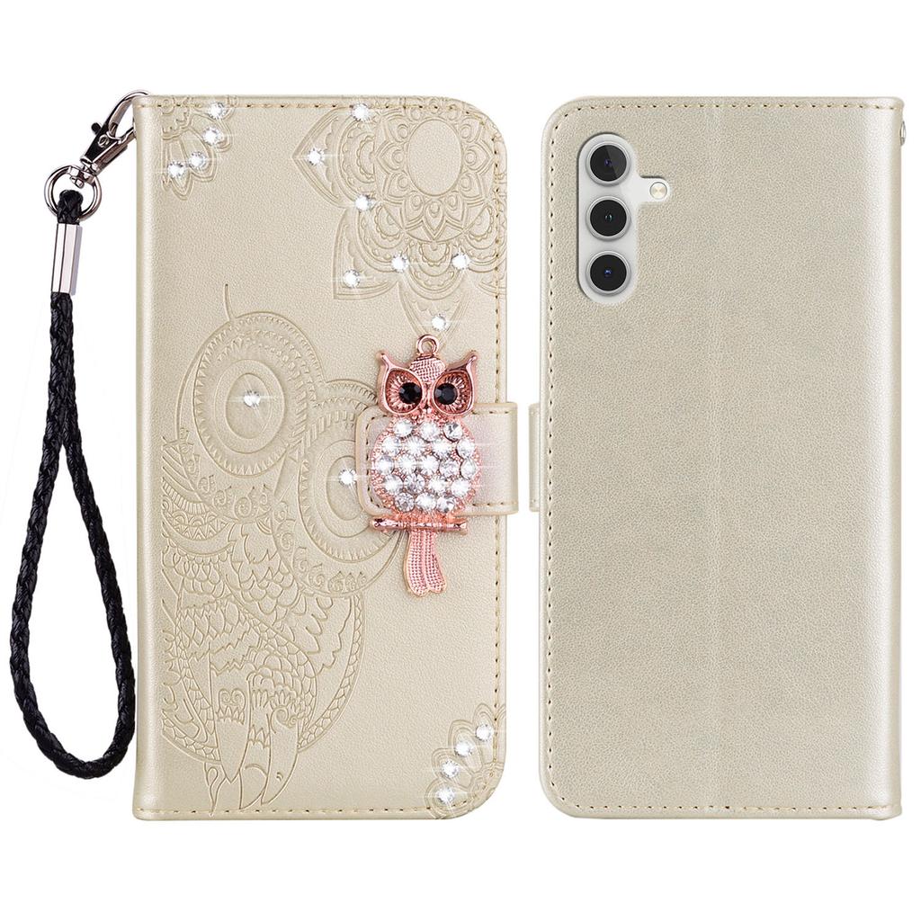 Para Samsung Galaxy S24 FE Capa Carteira Coruja Flor Estampada Strass Capa de Couro