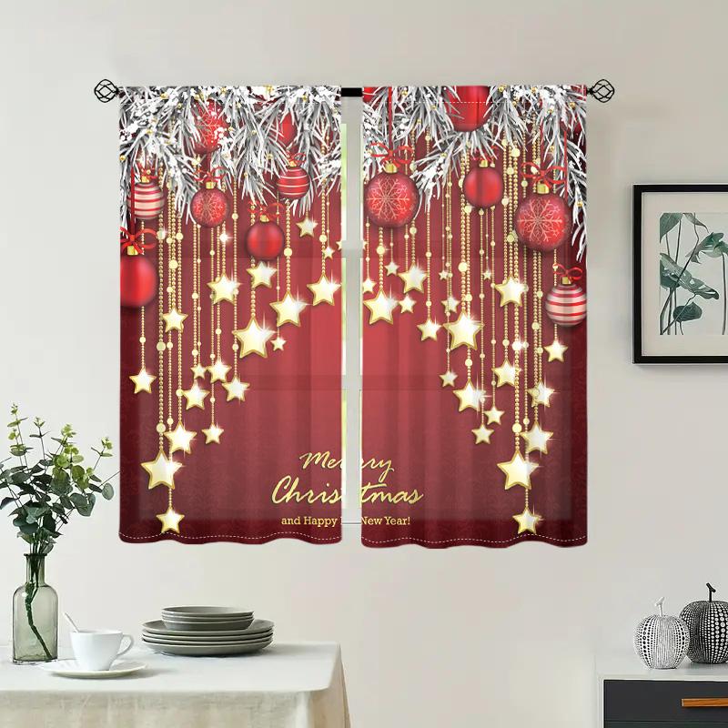 2 pieces, Christmas red ball celebration curtains -30% blackout - suitable for living room, bedroom, kitchen, home decoration