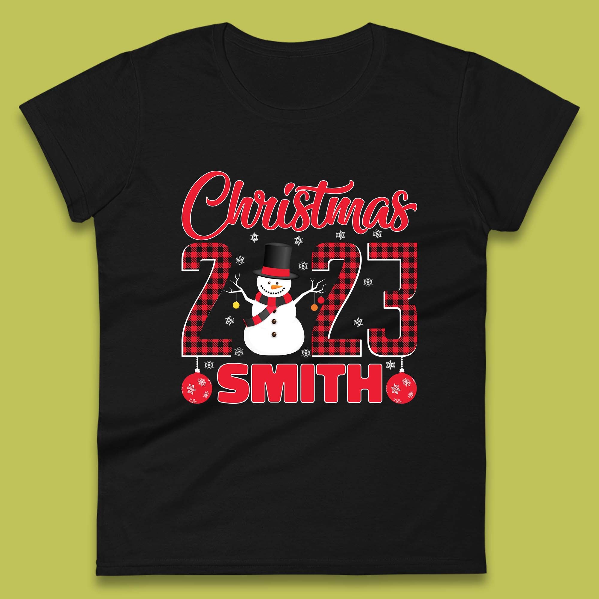 Personalised Christmas 2023 Your Name Snowman Buffalo Plaid Xmas Womens Tee T Shirt Mens Tops Unisex Top 4XL