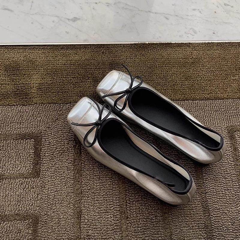 Grape Mother Daughter Returns Ballet Style Splicing Small Square Head Shallow Mouth One Pedal Flat Bottom Bow Flat Bottom Single Shoes Women