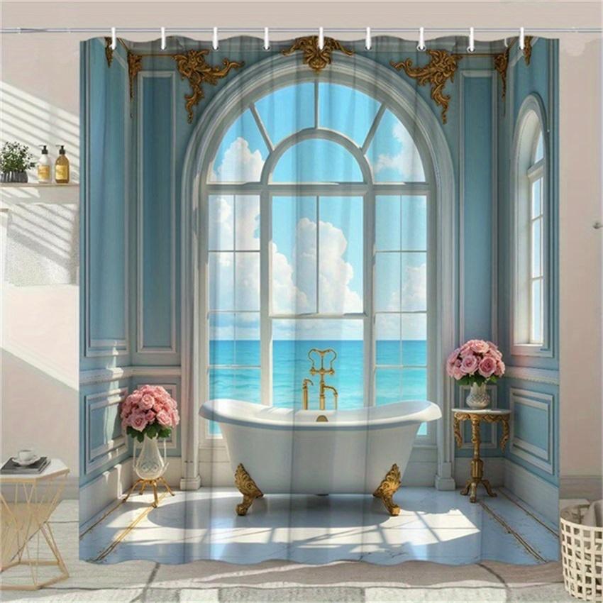

1Pc Baroque Bathroom With Ocean View Shower Curtain Luxurious Vintage Bathroom With Arched Window Showing Ocean View W60H190(CM)-1 Pcs