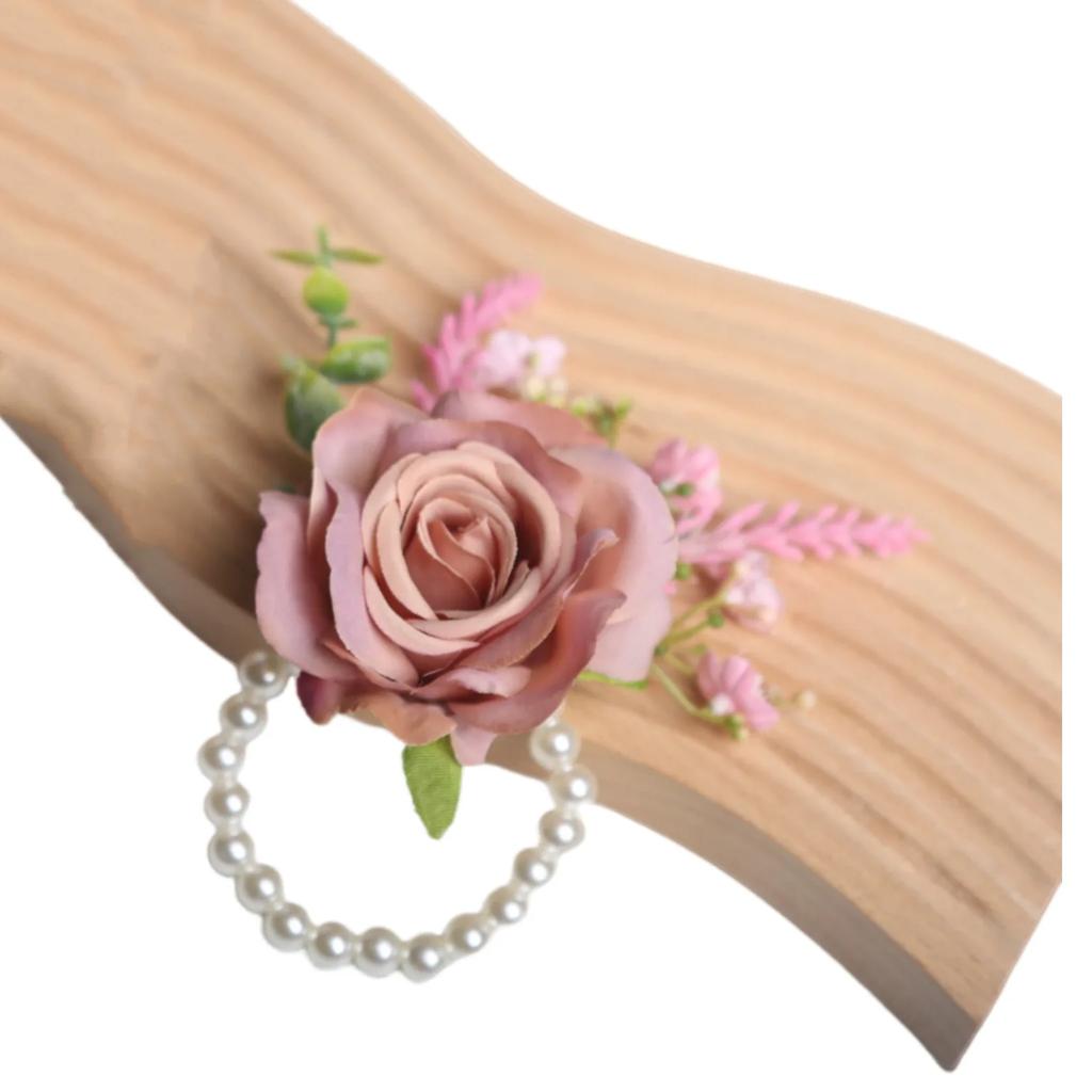 6pcs Rustic Artificial Rose Boutonniere Corsage Set Dusty Rose White Wristband Prom Suit Flowers for Wedding Ceremony