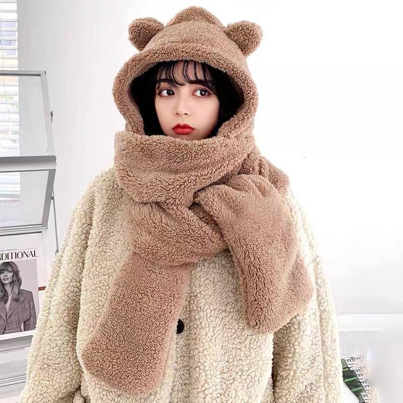 Cute Bear Ear Hat Scarf Gloves Set Thicken Women Beanies Caps Winter Warm Windproof Ear Protection Hat