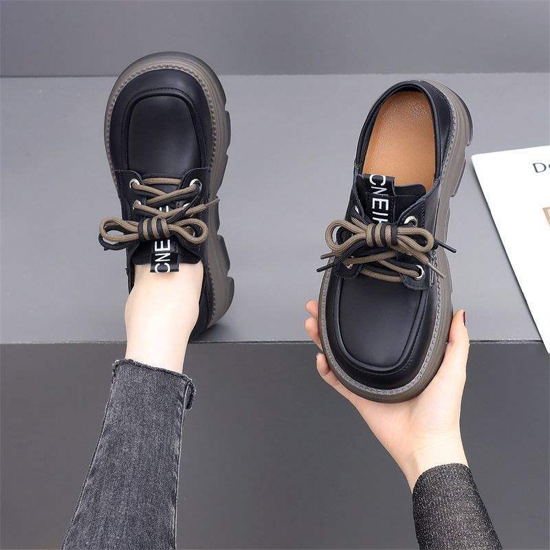 Real soft leather loafers women s autumn platform British style single shoes heightened lace-up soft-soled small leather shoes 35