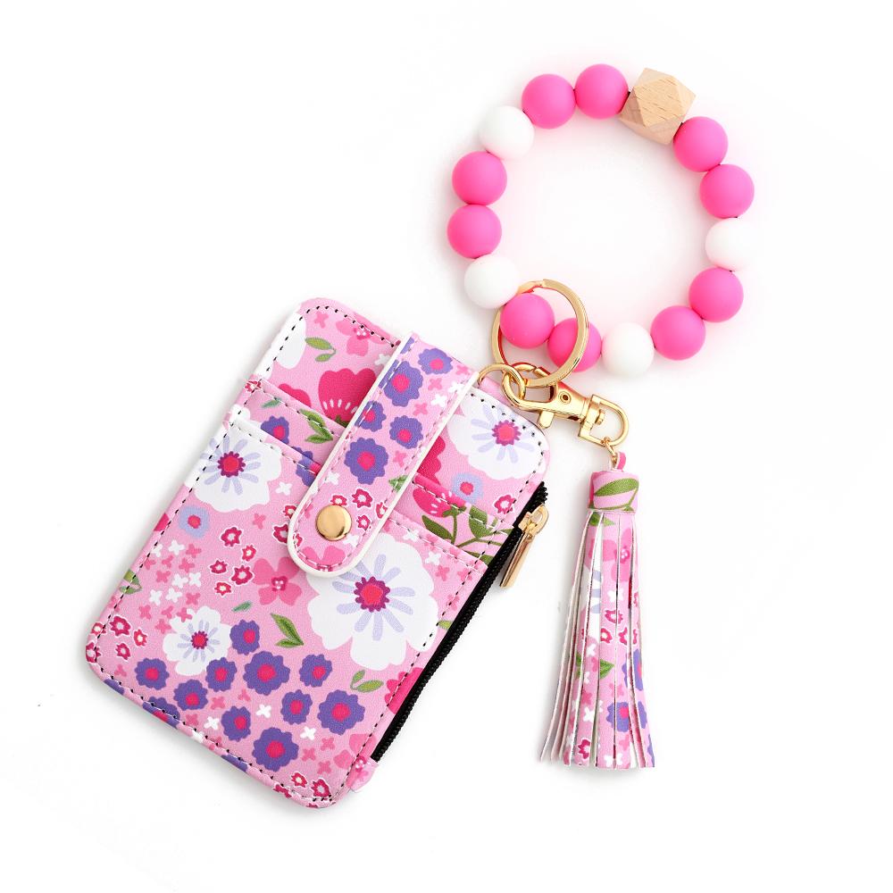 Silicone Bead Bracelet & Leather Card Holder Set - Business Gift Pack with  Keychain & Printed ID Bag