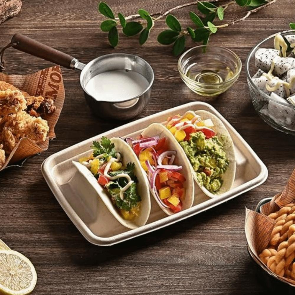 50Pcs 3 Compartments Disposable Taco Plates with Lid Taco Serving Tray Taco Holder  Restaurant
