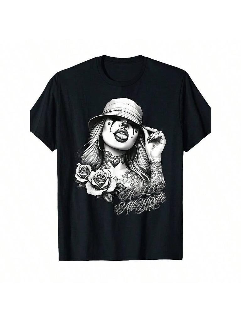 UnisexS Chicano Tattoo Graphic TShirt White Streetwear Tee With Female Figure Roses Hearts