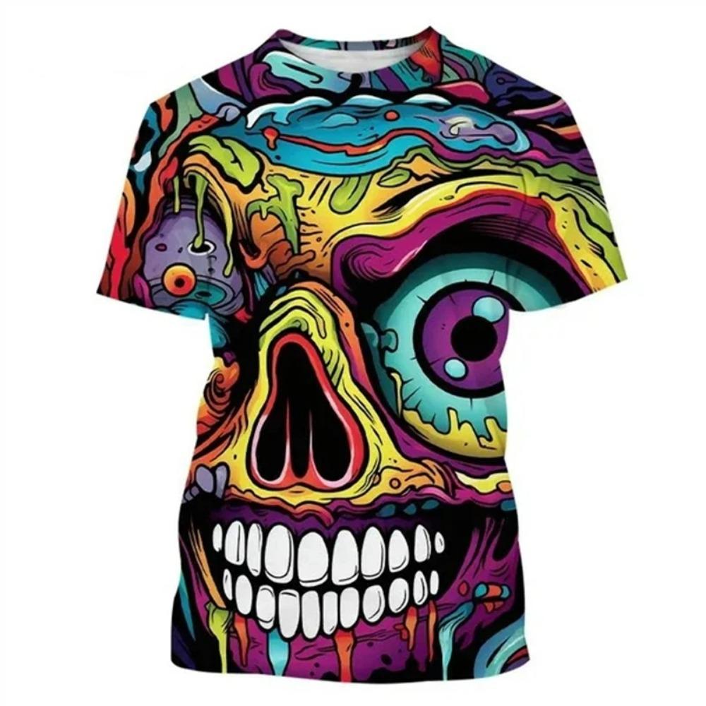 Fashion Colorful Street Graffiti Hip-hop Skull 3D Printing T-shirt Men and Women's Casual T-shirt Short-sleeved Tops Outdoor Street Clothing