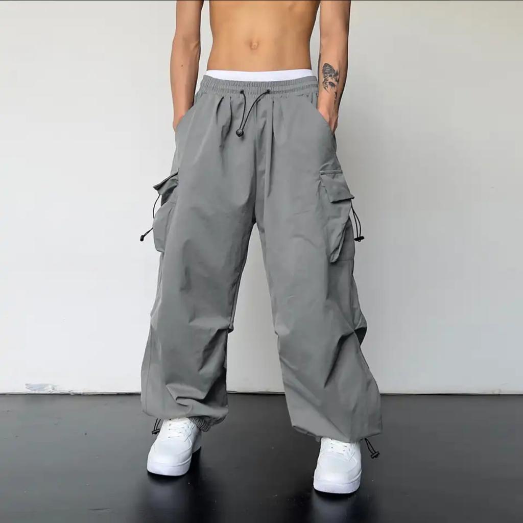Men's and Women's Multi-pocket Overalls Couple Loose Tied Feet Solid Color Drawstring Casual Long Pants