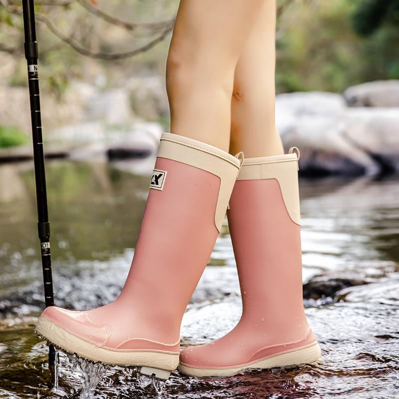 Rain shoes women's adult fashion high rain boots warm and velvet outer wear trache long water boots camping shoes
