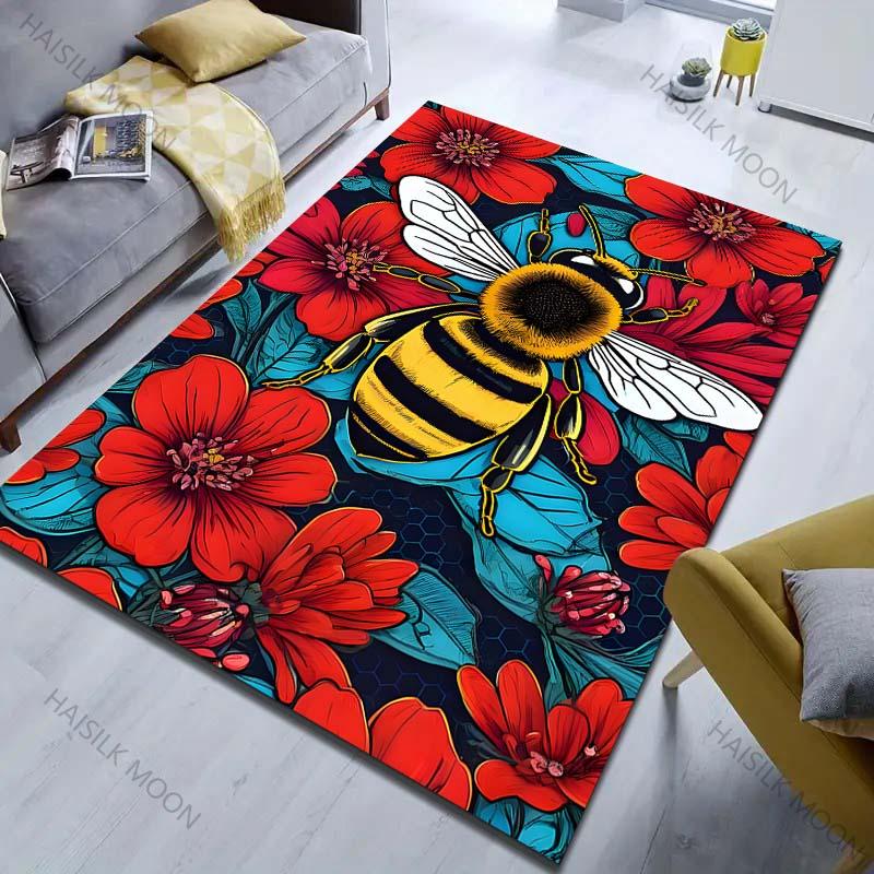Rote Blume Biene Kreativitäts-Print Teppich für Wohnzimmer Schlafzimmer Bettseite Sofa Tisch Bodenmatte Heim Bereichsteppich Dekoration Große Größe