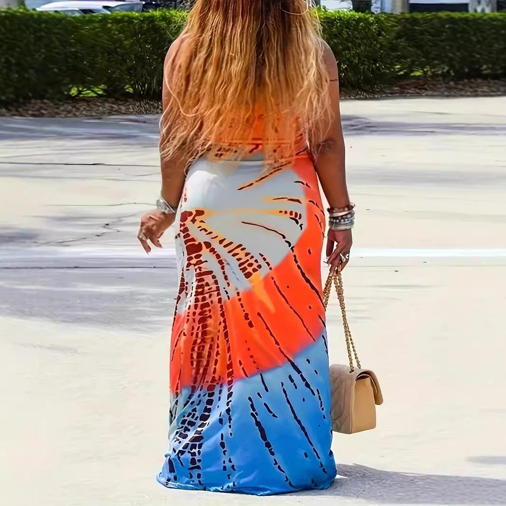 2026 European and American Cross-border Amazon New Wish Summer Loose Women's Temperament Large Size Printing Tie-dye Dress