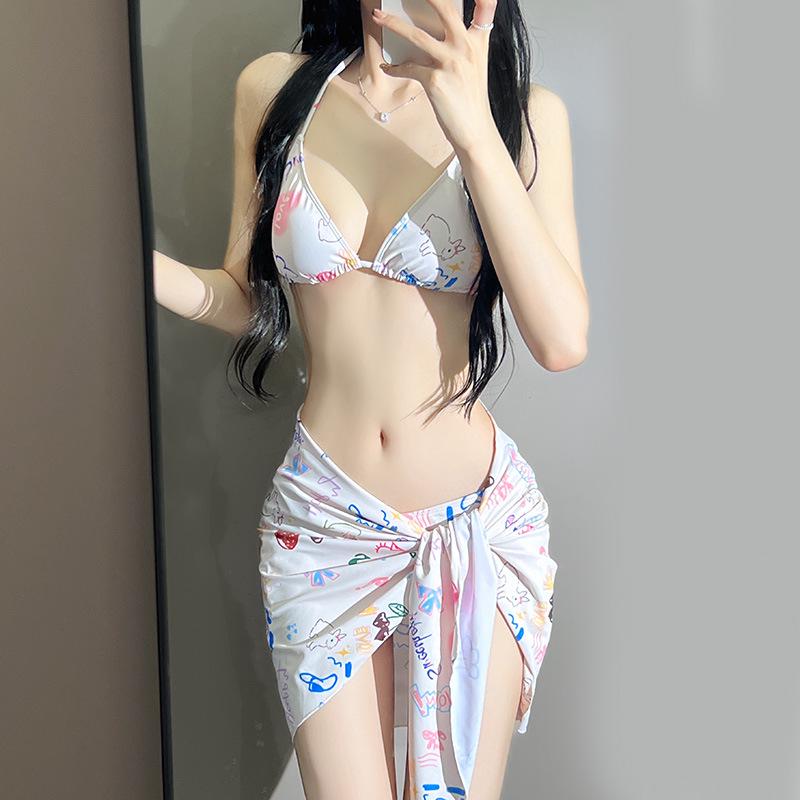 European-American Minimalist Deep V Print Bikini Set with Sexy Cover-Up Skirt