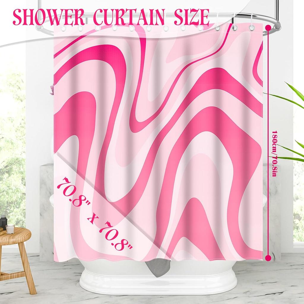 Pink Shower Curtain Cute Preppy 70s 80s Abstract Wave Swirl Shower Curtain with 12 Hooks Girly Bathroom Accessories