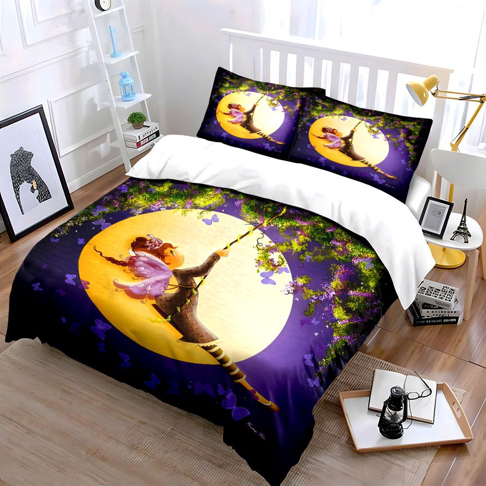 3Pcs Moon Fairy Bedding Set, Girl Swinging On Moon With Purple Butterflies Print Duvet Cover + 2 Pillowcases, Home Decor, Gifts