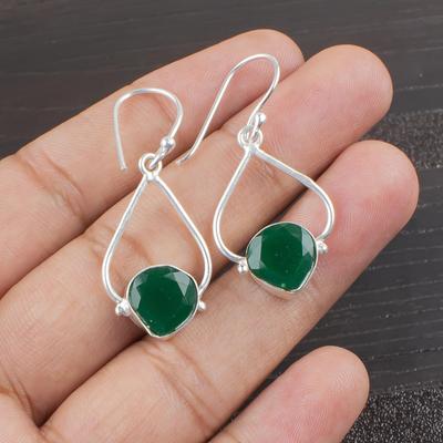 Bijoux en Pierre Gemme Onyx Vert Facetté, Boucles d'Oreilles en Argent Sterling 925, Boucles d'Oreilles en Argent Onyx Pour Cadeau de Mariage