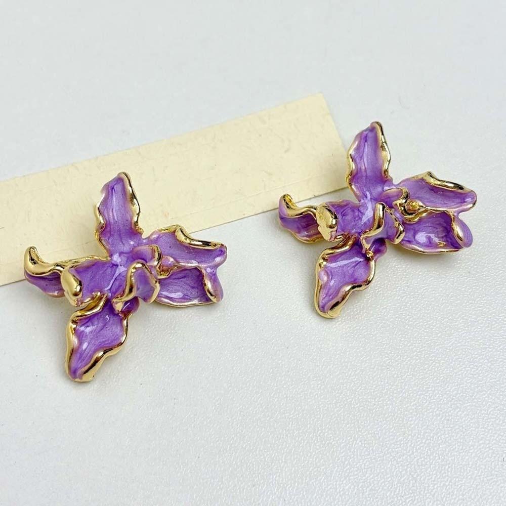 1 pair Luxury Golden and Silver Earrings Zinc Zinc Alloy Metal Flower Ear Studs Enamel Iris Earrings  Girls