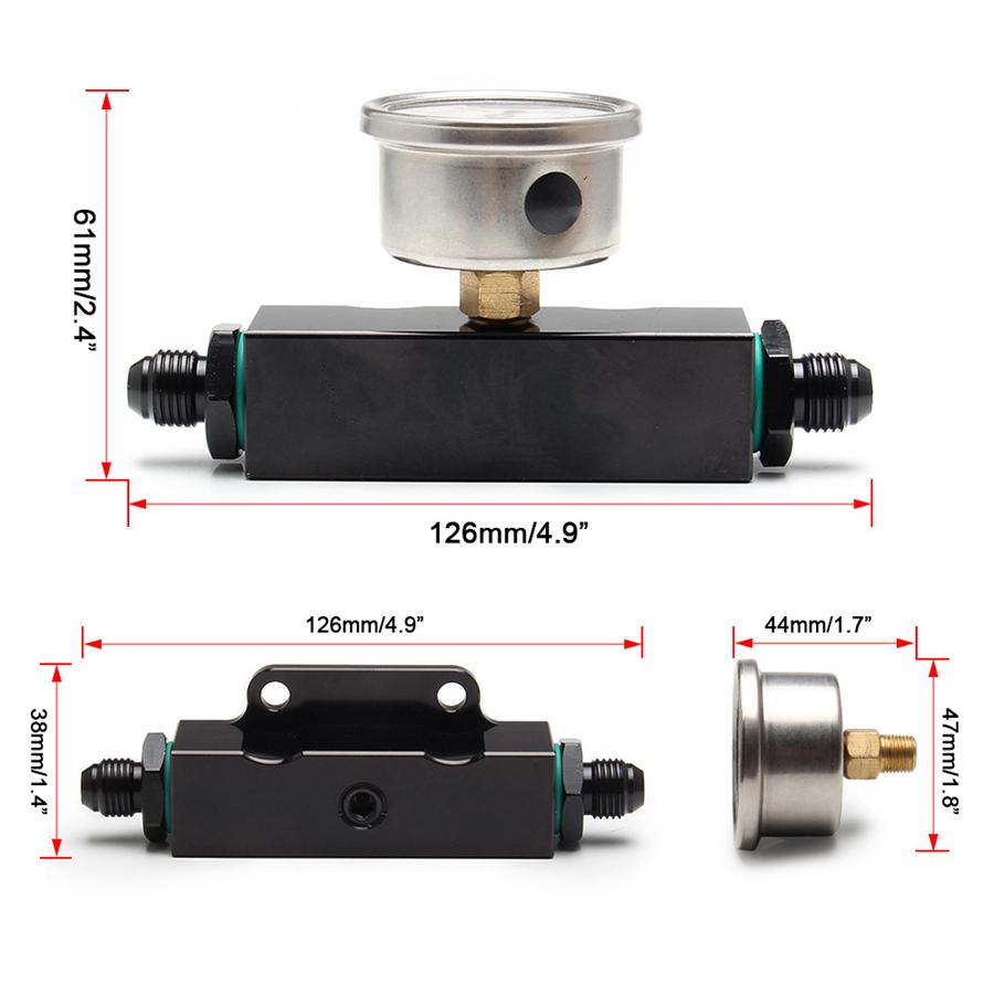 Black Billet Aluminum Inline 6 AN AN6 Fuel Filter 1/8 NPT Pressure Gauge Port
