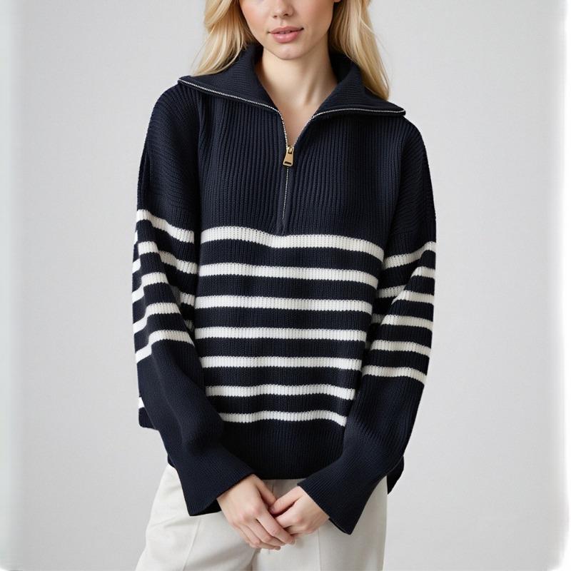 Vintage Striped Loose Commuter Half Zipper Lapel Pullover Sweater Autumn and Winter Women's New Knitted Sweater