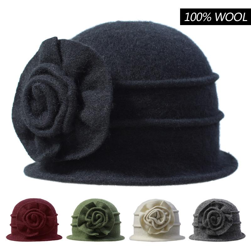 Elegant Flower Style Autumn Winter Girl's Cap Fedora Pure Wool Women's Hat