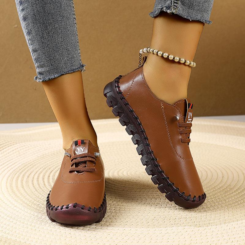 Chaussures à semelles souples, chaussures décontractées à lacets cousues à la main pour femmes, grande taille