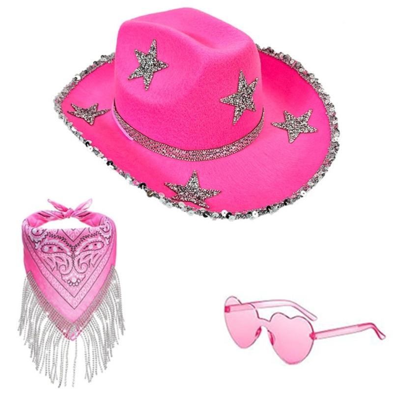 

Sparkling Star Cowboy Hats Scarf Sunglasses Set Rhinestones Tasseled for Bachelorette Party Bride Hat for Actor Actress рожевий