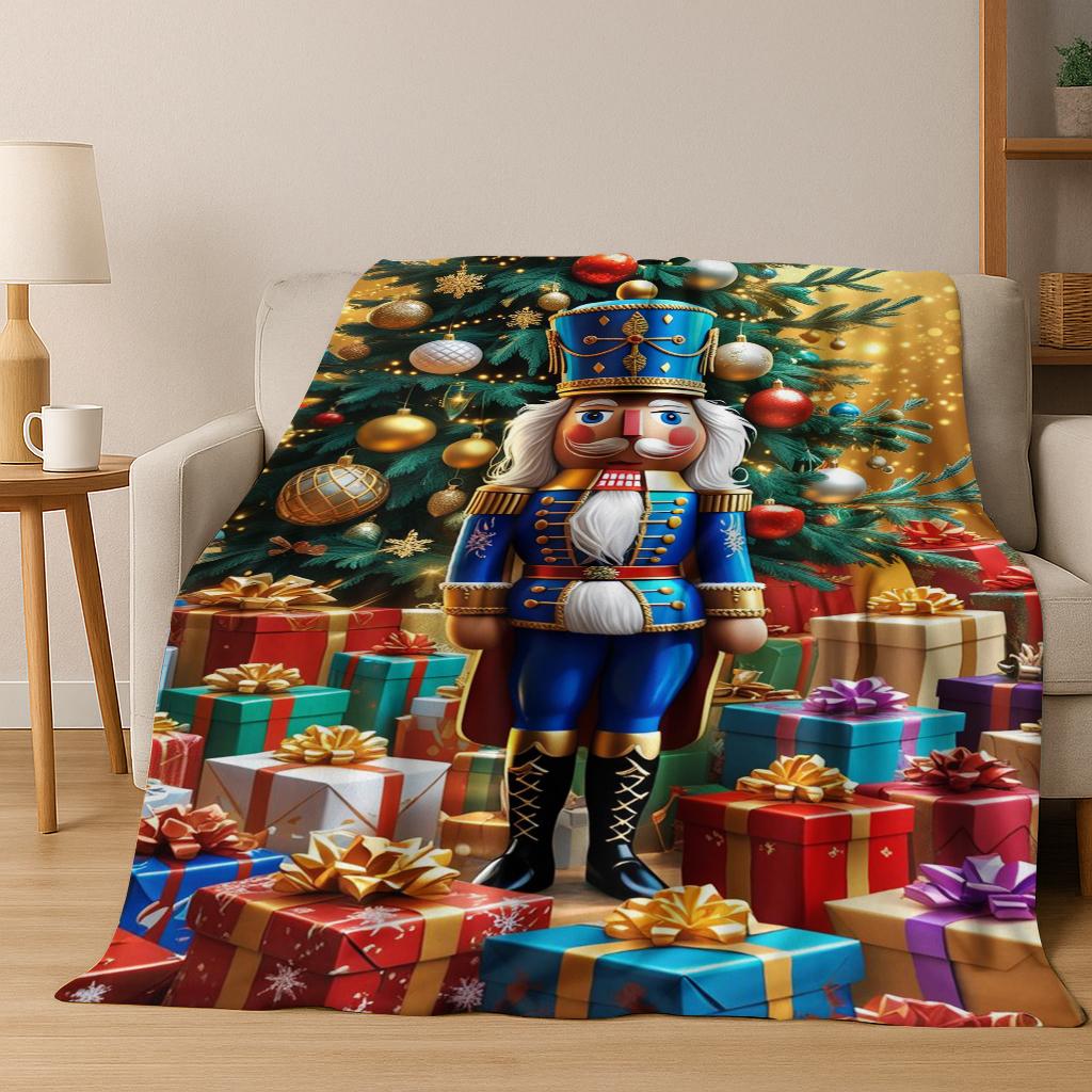 Frohe Weihnachten Baum Nussknacker Cartoon Puppe Neujahrsgeschenk Flanell Decke, Weiche Wohndecke für Zuhause Schlafzimmer Bett Sofa Kinder