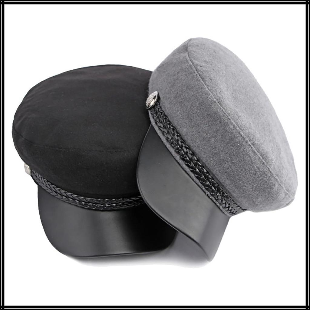 Marine Cap Wool Newsboy Hat Brim PU Leather Going Out Women Men CZ154 [White Fang] (Light Gray)