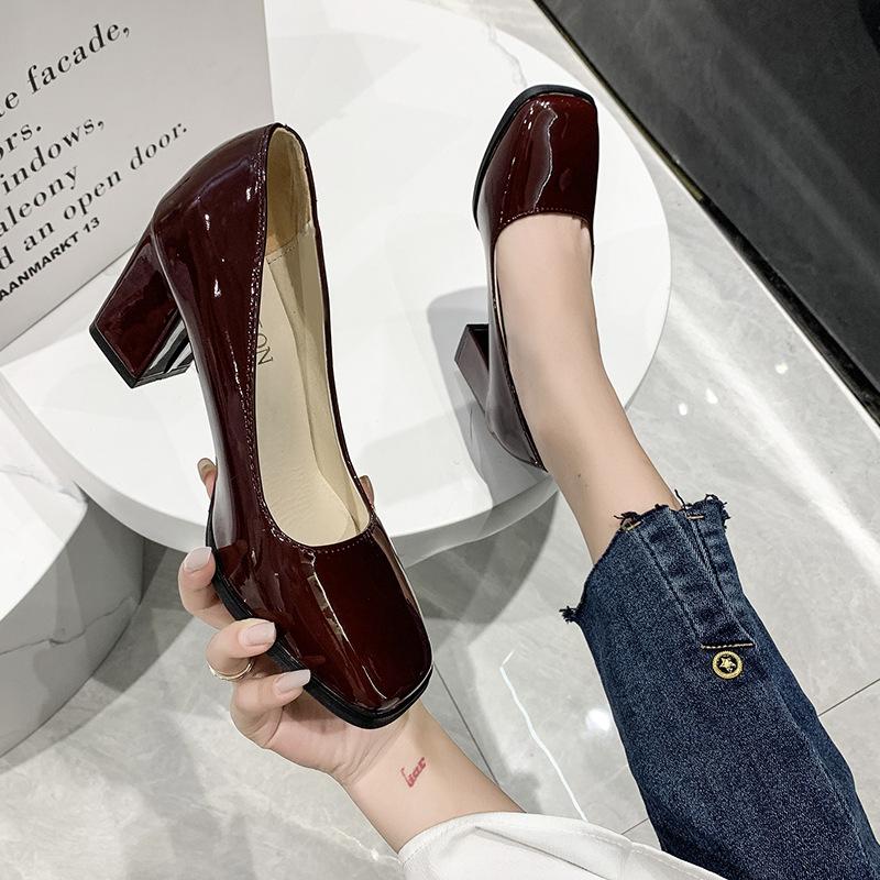 Women's Leather Shoes High Heels Elegant Thick Heel Square Toe Slip-on Shoes