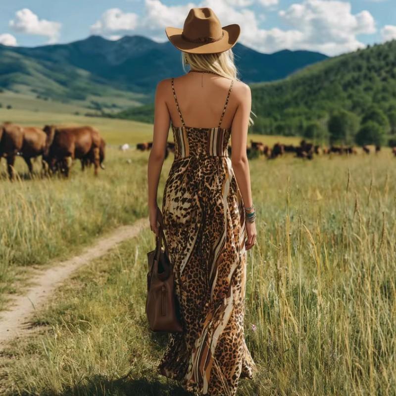 Sexy V-Neck Leopard Print Slit Maxi Dress High Waist Sleeveless Long