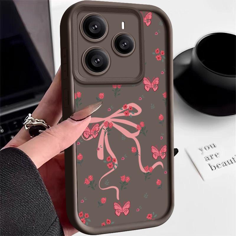 Мягкий чехол для телефона TPU с цветочным принтом и бантом для Xiaomi 14T 13T Poco X7 F6 Pro X6 Redmi Note 14 Pro 13 12 11, матовый силиконовый противоударный чехол-бампер