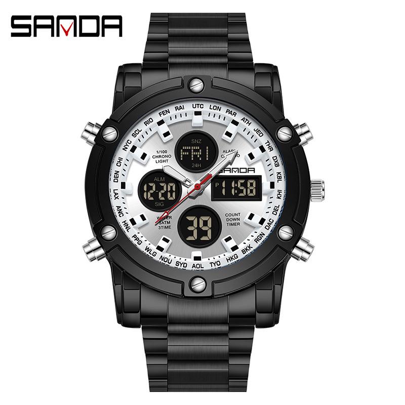 Sanda Dual Movement 5ATM Waterproof Multifunctional Steel Band Men's Watch with Alarm Clock
