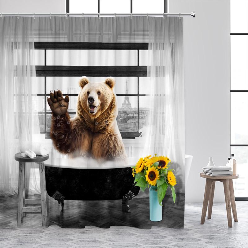 Funny Cat Riding Dinosaur Shower Curtain Cute Animal Surfboard Sea Waves Japanese Landscape Kids Bath Curtains Bathroom Decor