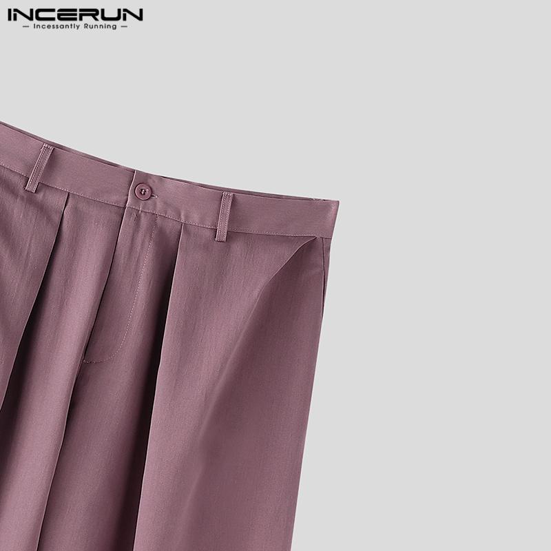 INCERUN Men Zip-up High Waist Pleating Casual Long Wide Legs Pants Trousers