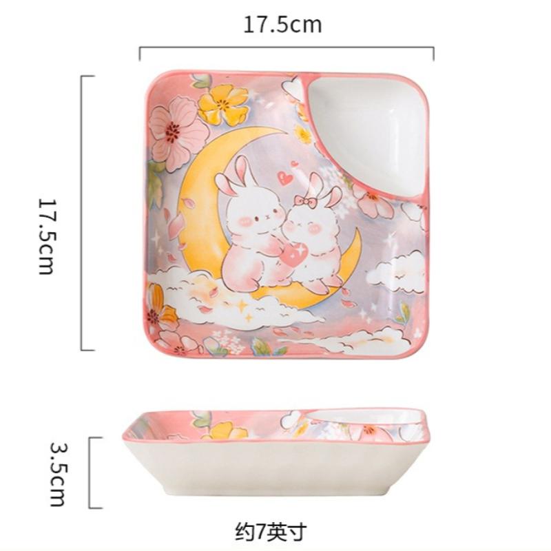 Cartoon Ceramic Dumpling Plate Sushi Plate Vinegar Dish Dumpling Plate Compartmented Dinner Plate Tableware Bowls and Dishes