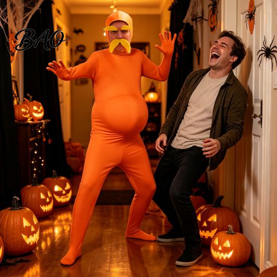 Skin Friendly Party Outfit Orange Full Bodysuit for Kids Adults, with Belly, Yellow Mustache & Eyebrows, Body Zentai Suit Men Women Open Face