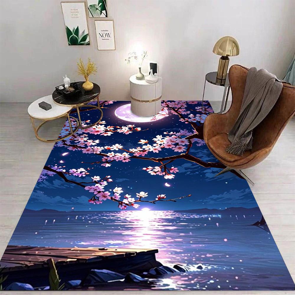 Japanese Cherry Blossom Night Scene Carpet Various Styles With Moon River Street Lamp Floral Patterns Rug For Living Room Decor