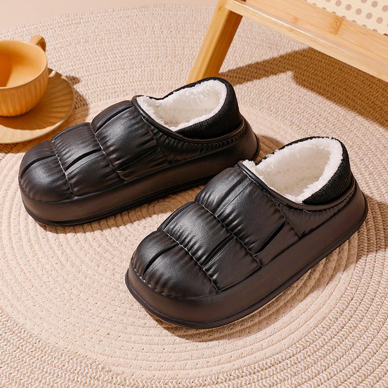 Waterproof Non-Slip Winter Home Shoes Women Comfort Soft Sole Plush House Slippers Woman Solid Color Warm Cotton-Padded Shoes