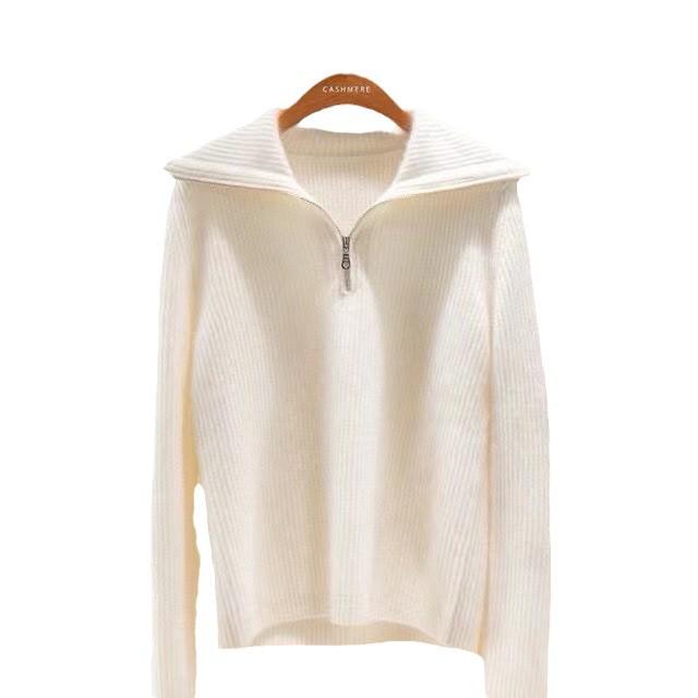 Women's Cashmere Half Zip Polo Neck Long Sleeve Sweater - Autumn/Winter Casual Fashion Knitwear