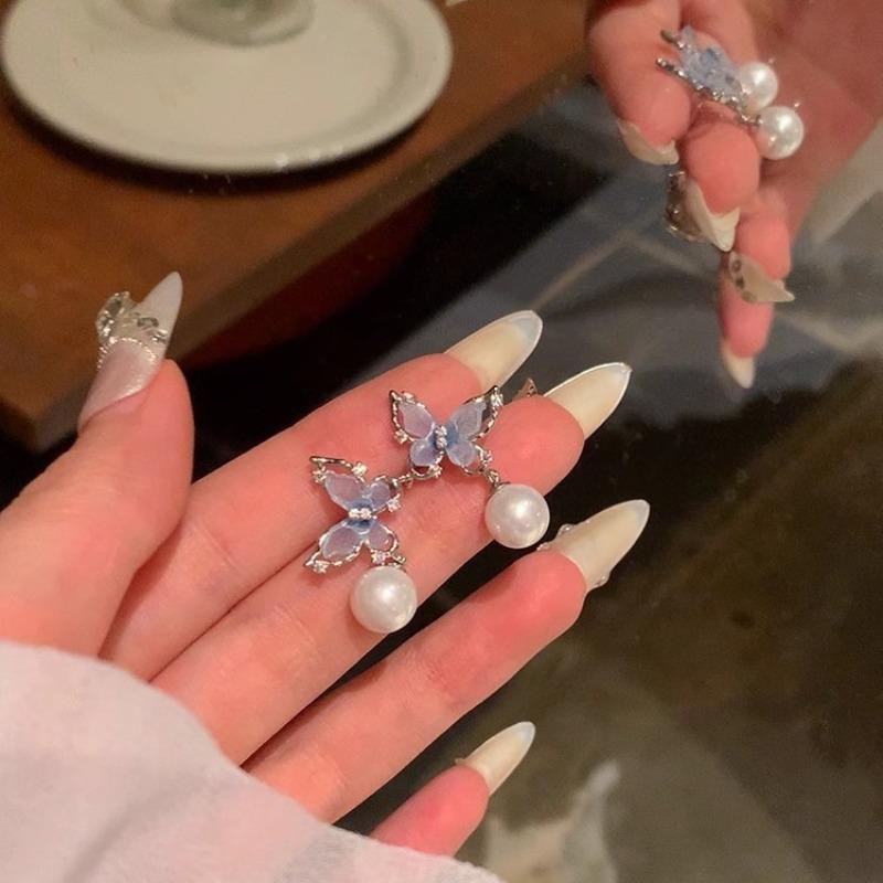 S925 silver needle zircon pearl earrings women's light luxury niche high-end butterfly stud earrings versatile temperament earrings