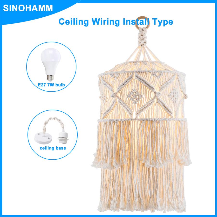 Boho Lamp Plug in Pendant Light Fixture with bulb,Plug in cord Ceiling Light Hanging Handmade Macrame Bedroom Livingroom Decor
