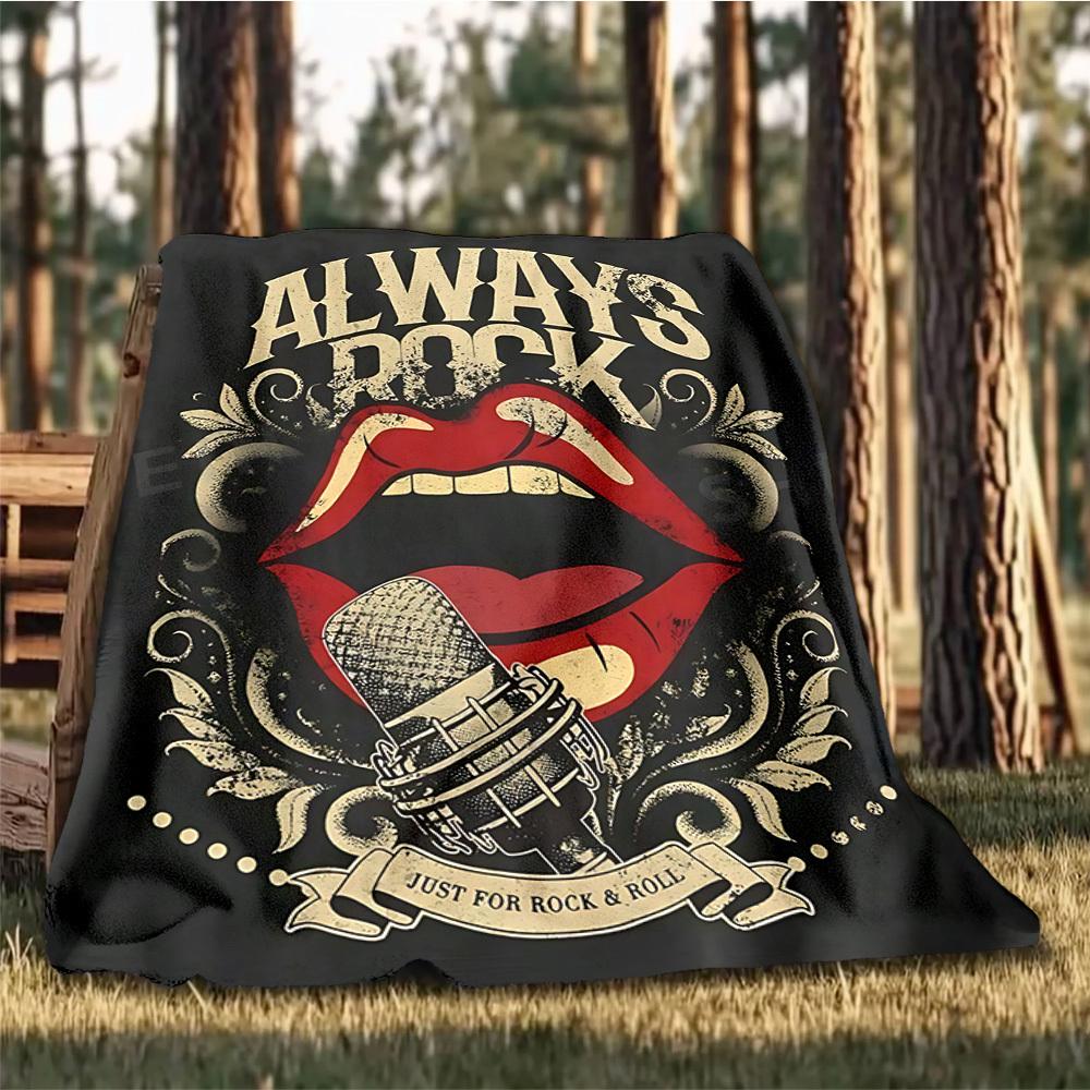 1pc Rock and Roll Outdoor Flannel Blanket, Lightweight Warm Cozy for Travel Camping Office Soft Polyester Fabric