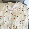 Cherries Print Two Pieces Pajamas Set Autumn Faux Cotton Pajamas Fashion Home Clothes Ladies Pants and Top Set Pijamas