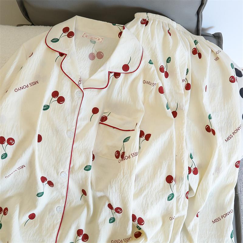 Cherries Print Two Pieces Pajamas Set Autumn Faux Cotton Pajamas Fashion Home Clothes Ladies Pants and Top Set Pijamas