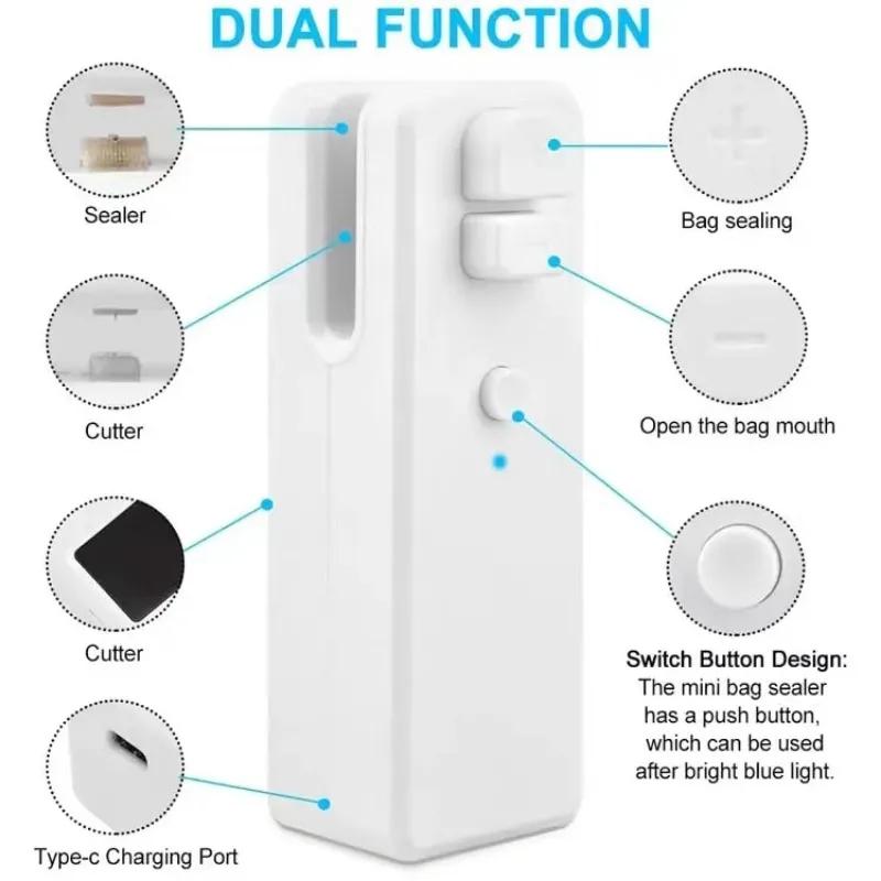 Mini Plastic Bag Sealer 2 in 1 Snacks Bag Sealing and Cutting Machine Portable Rechargeable Sealer for Food Packing Bag Home Use