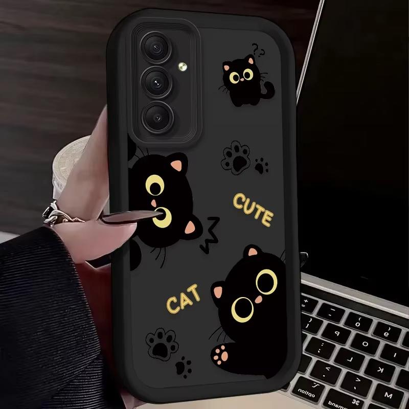 Lovely Black Cat Silicone Case For Samsung Galaxy S25 Ultra S24 S23 S22 Plus S21 FE S20 A55 A54 A15 A35 Shockproof Soft Cover