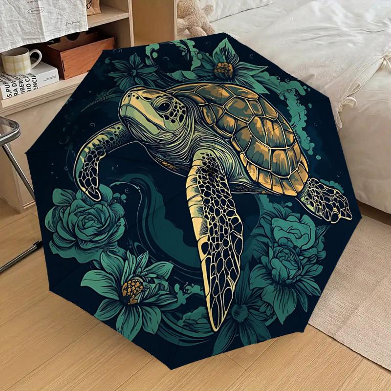 

1pc Turtle Floral Print Fashionable Automatic Opening/Closing Folding Umbrella with 8 Iron Bones, Plastic Handle yy251015052