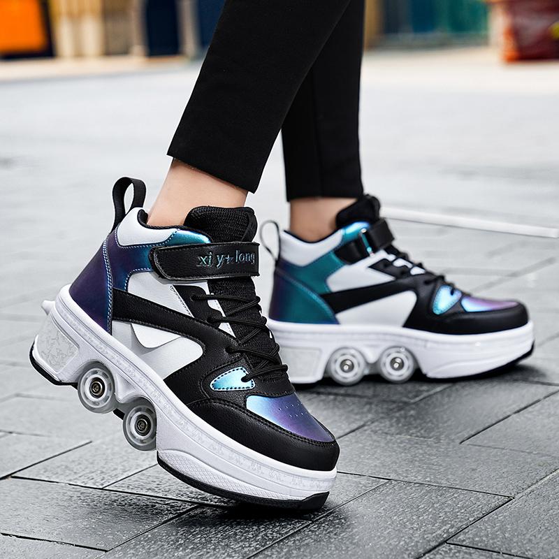 Kids Roller Skates Shoes 6-15 Years Old Four-wheel Deformation Can Walk Can Skate Skates Girl Runaway Shoes