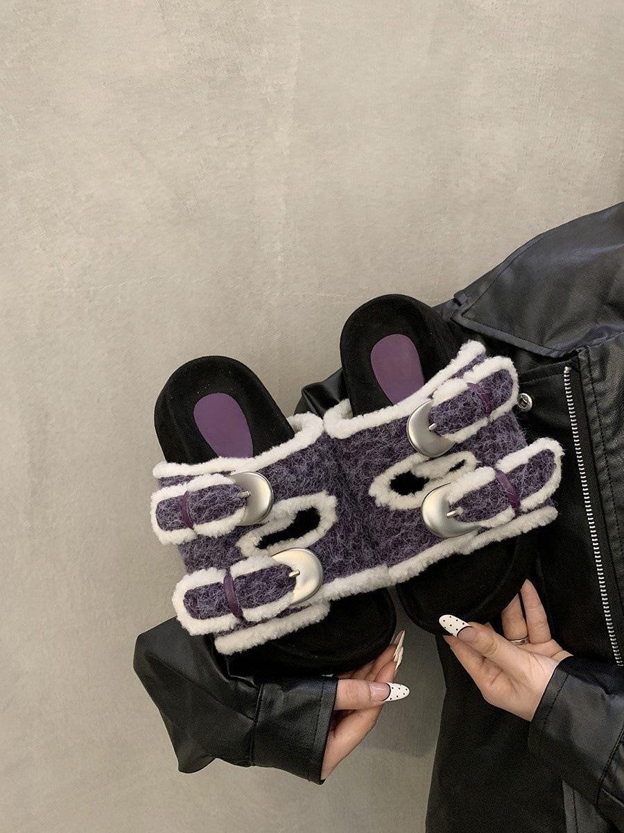 

Женская обувь на толстой подошве, пушистые туфли, носить 2025, новая осень, универсальные, с пряжкой, модные плюшевые хлопковые тапочки 35 фиолетовый