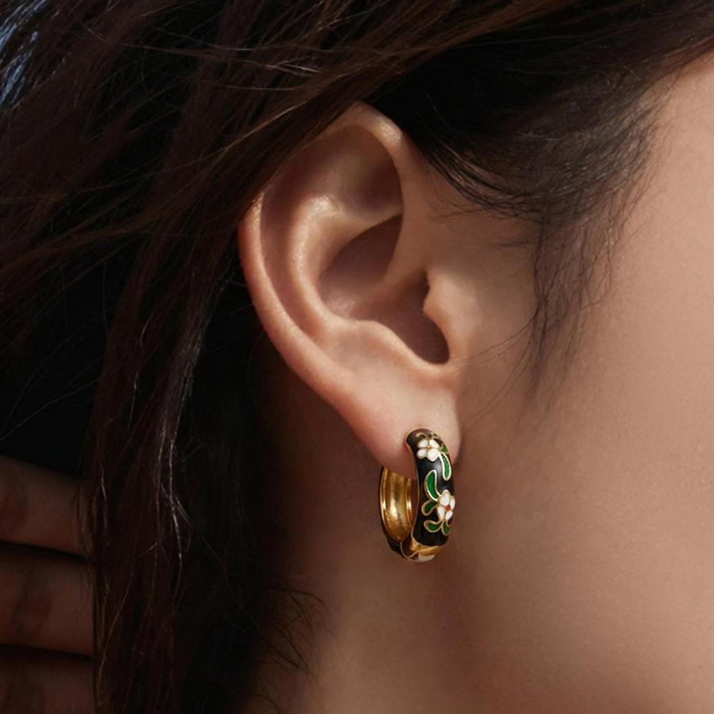 18k Gold-Plated Enamel Camellia Hoop Earrings - Stainless Steel, Fade-Resistant, Light Luxury Design